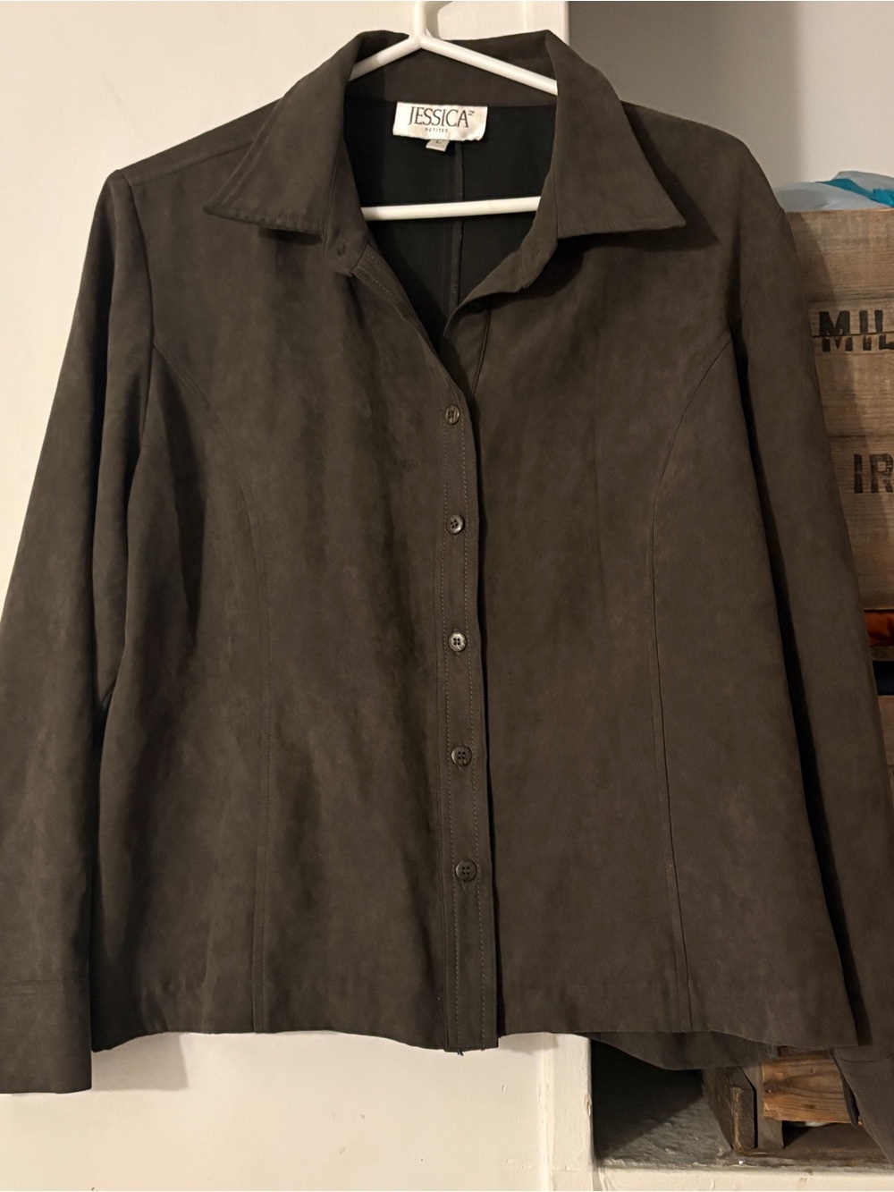Vintage Jessica Petites Grey Button-Front Faux Suede Light Jacket Size Large